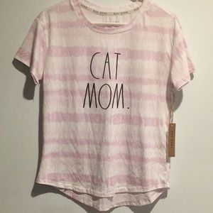 New! Rae Dunn CAT MOM Lilac Tie Dye Stripe Shirttail Hem T-Shirt size Small